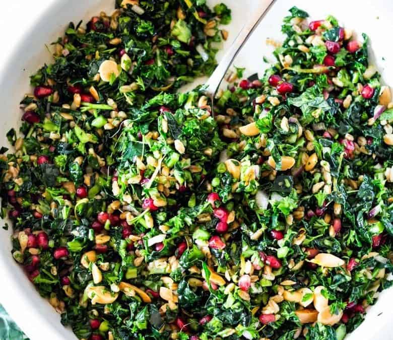 Kale and Farro Salad with Almonds & Pomegranate