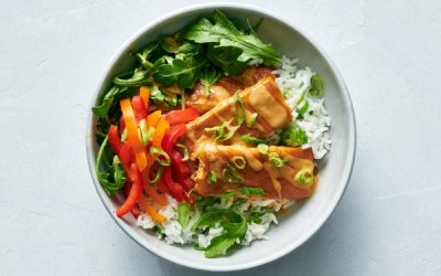 Baked Tofu With Peanut Sauce and Coconut-Lime Rice