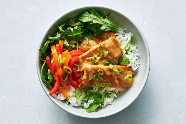 Baked Tofu With Peanut Sauce and Coconut-Lime Rice